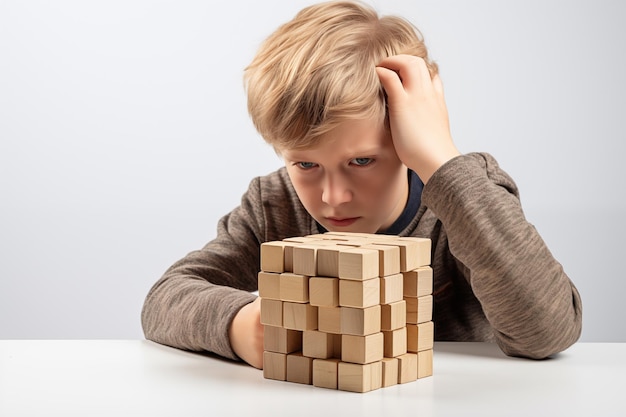 Young Caucasian blond boy with wooden puzzle child mental health concept autism spectrum disorder awareness concept education interior background copy space