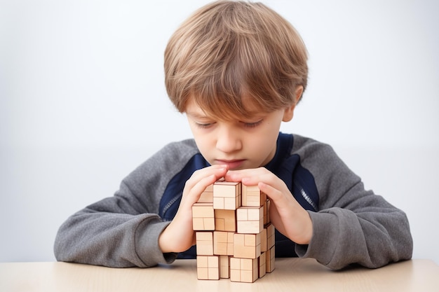 Young Caucasian blond boy with wooden puzzle child mental health concept autism spectrum disorder awareness concept education interior background copy space