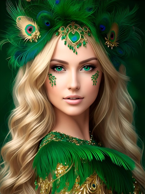 A young caucasian blonde woman with green eyes dressed in carnival style