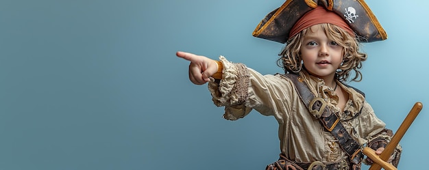 Young Caucasian Boy Dressed as Pirate Pointing with Wooden Sword