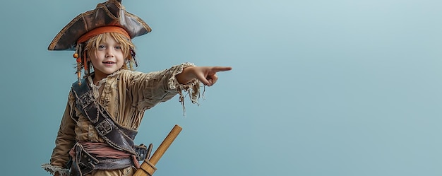 Young Caucasian Boy in Pirate Hat Pointing Halloween Theme