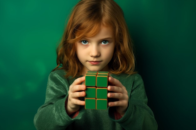 Young Caucasian brownhaired girl with wooden puzzle child mental health concept autism spectrum disorder awareness concept education on green background copy space