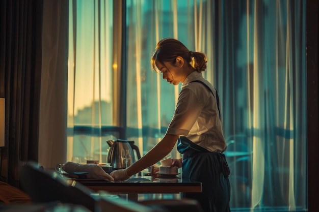 Young Caucasian cleaning lady cleaning the tables at the hotel room