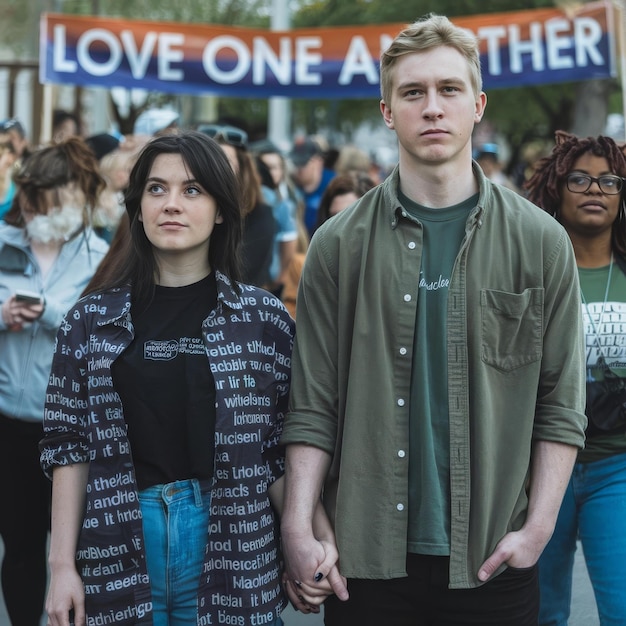 Young caucasian couple protesting with group of people agnst racism and carrying a banner with love