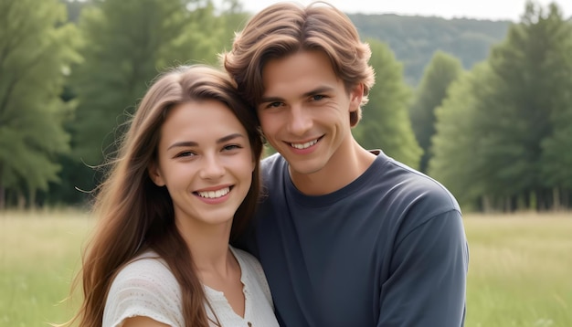 A young Caucasian couple a woman with long brown hair and a man with short brown hair smiling and