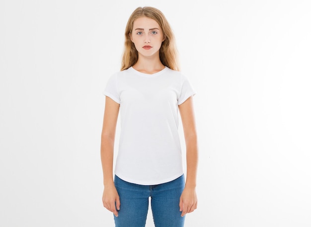 young caucasian europian woman girl in blank white tshirt t shirt design and people concept Shirts front view isolated on white background Mock up Copy space