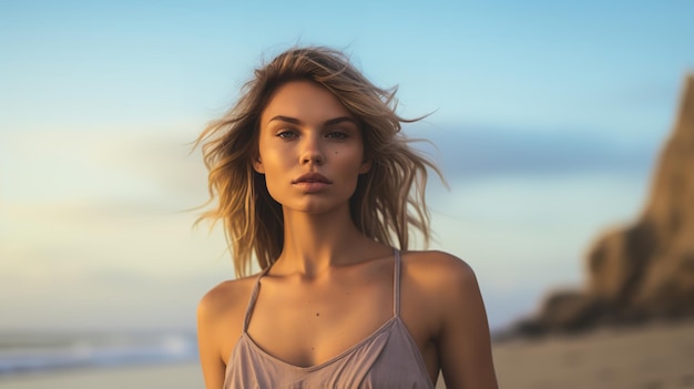 Young caucasian female model on the beach