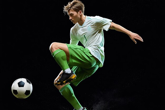 Photo young caucasian football soccer player in action motion isolated on black background