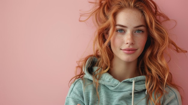 A young Caucasian ginger woman in a green hoodie uses a mobile phone in hand and looks aside on a plain pastel light pink background studio portrait