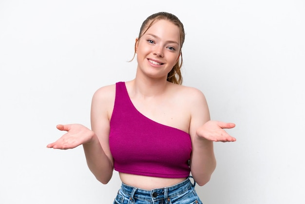 Young caucasian girl isolated on white background happy and smiling