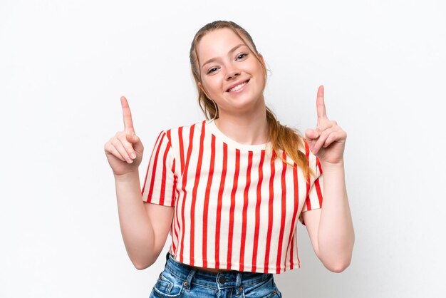 Young caucasian girl isolated on white background pointing up a great idea