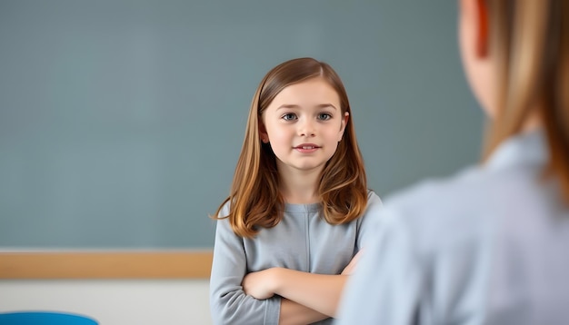 young caucasian girl stand and answer question of teacher isolated with white highlights