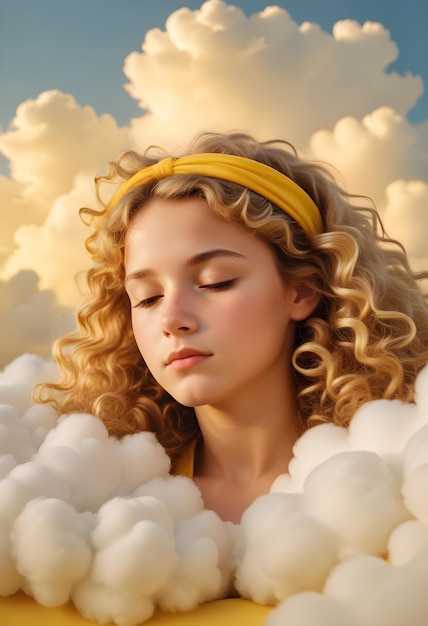 Photo a young caucasian girl with curly blonde hair sleeping peacefully