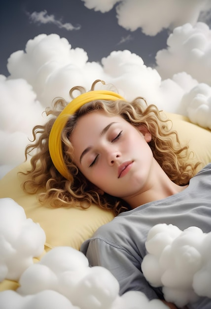 Photo a young caucasian girl with curly blonde hair sleeping peacefully