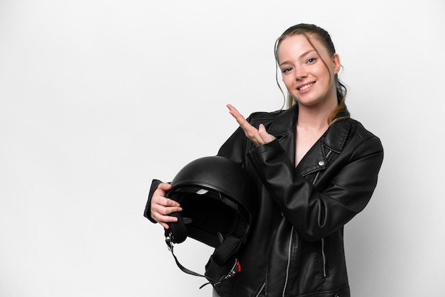 Young caucasian girl with a motorcycle helmet