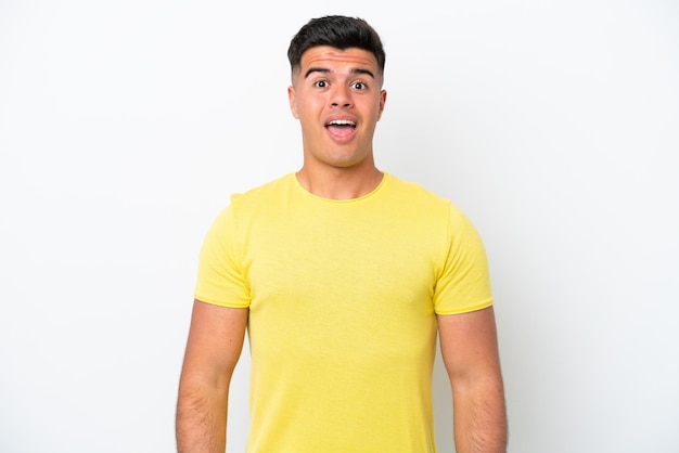 Young caucasian handsome man isolated on white background with surprise facial expression