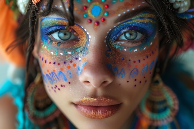 young caucasian hippie woman with colorful painted makeup eclectic earthcore style close up portrait