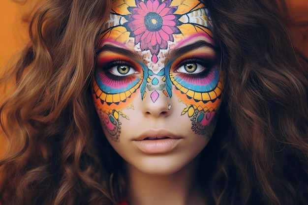 young caucasian hippie woman with colorful painted makeup eclectic earthcore style close up portrait