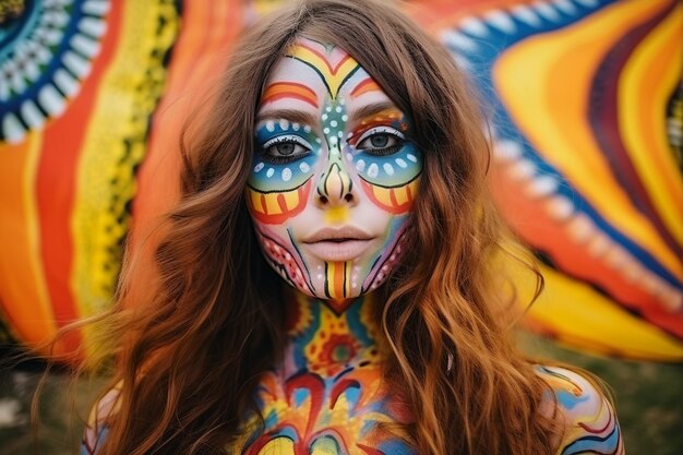 young caucasian hippie woman with colorful painted makeup eclectic earthcore style close up portrait