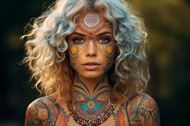 young caucasian hippie woman with colorful painted makeup eclectic earthcore style