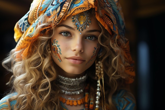 young caucasian hippie woman with colorful painted makeup eclectic earthcore style