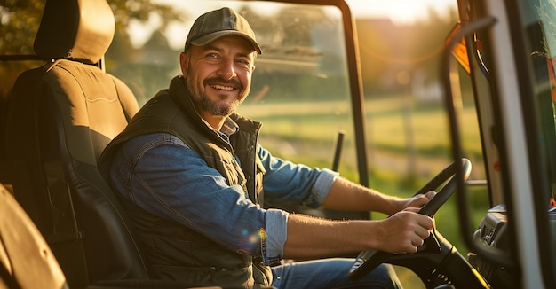 Young Caucasian male farmer in cap smiling from tractor with open door Agricultural field vehicle