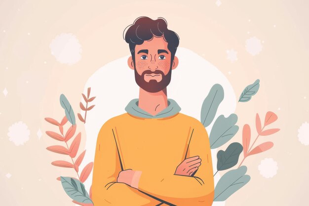 Photo young caucasian man beard yellow sweater surrounded plants modern illustration wellness lifestyle