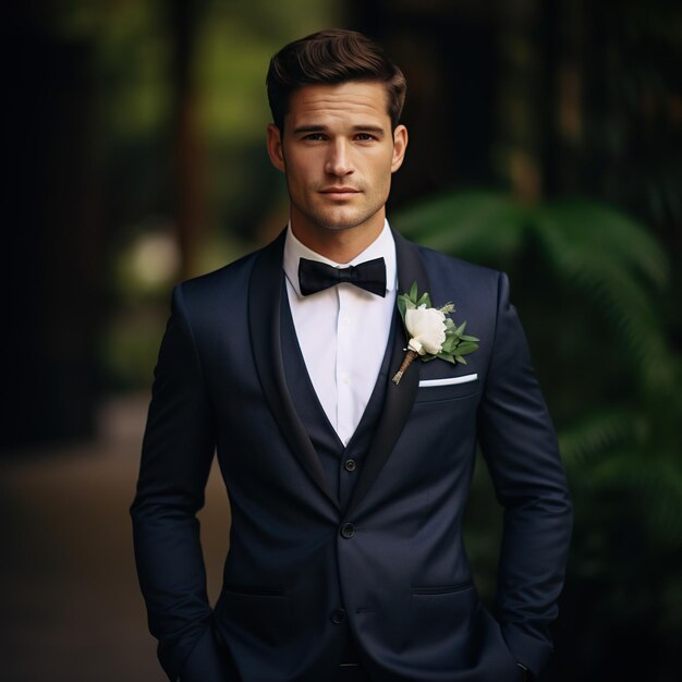 A young Caucasian man in a black tuxedo with a boutonniere