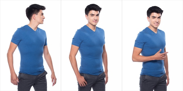 Young Caucasian Man in Empty area blank blue T-Shirt Jeans stand and pose arms hands with feeling happy smile strong, white background isolated, portrait  collage group concept