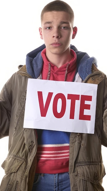 Young Caucasian man holding VOTE sign encouraging civic duty Male voter Concept of elections voting personal empowerment political advocacy Isolated on white background Vertical format