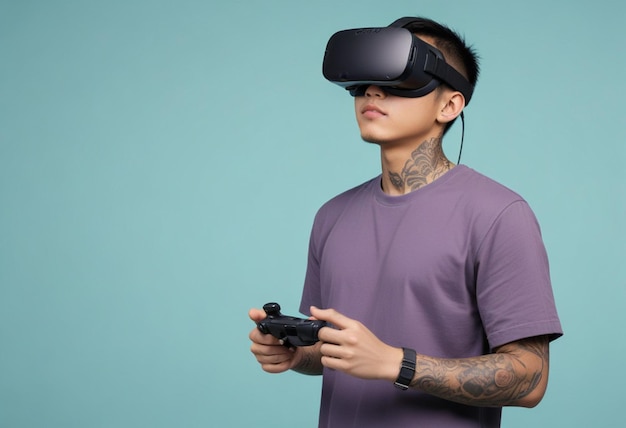 Photo a young caucasian man with tattoos on his arms wearing a purple shirt and using a virtual reality