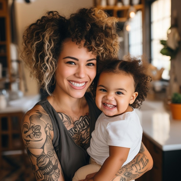 Young Caucasian mother with tattoos playing with cute adorable infant mixed race African American ba