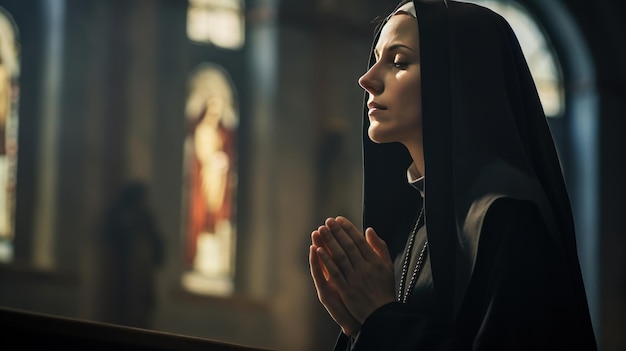 Photo young caucasian nun praying