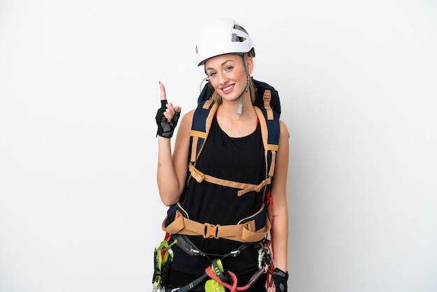 Young caucasian rock climber woman isolated on white background showing and lifting a finger in sign of the best