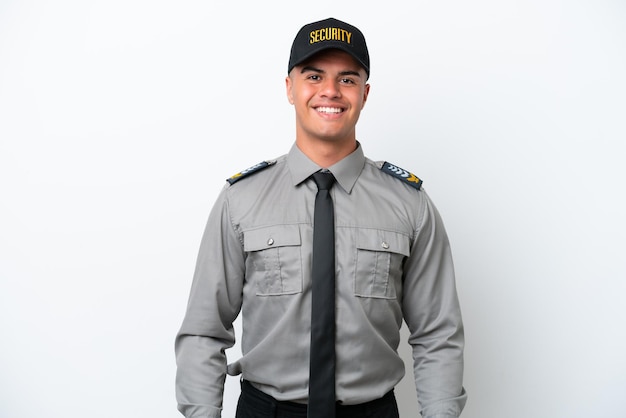 Young caucasian security man isolated on white background laughing