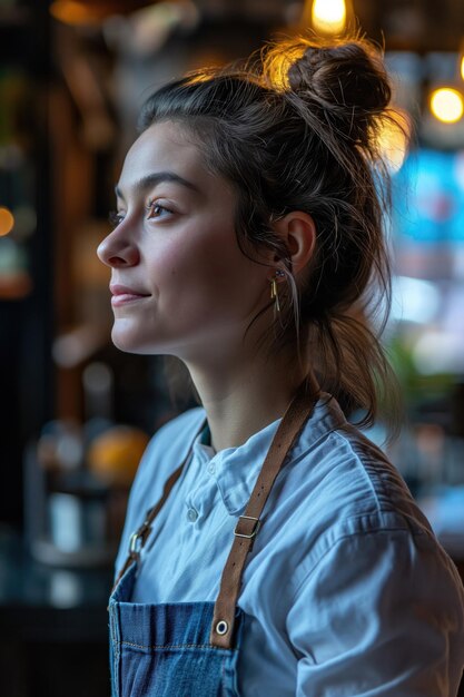 Young caucasian waitress female student earning extra money in the cafe or restaurant