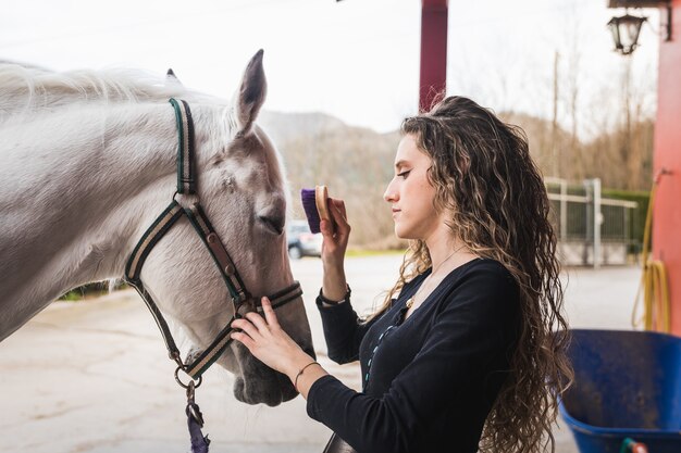 Young caucasian woman cleaning and preparing a horse.