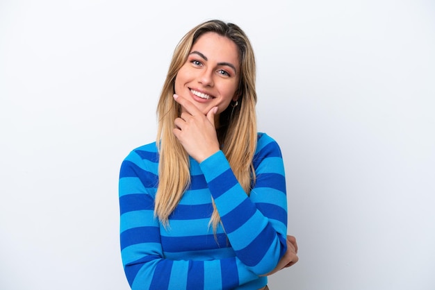 Young caucasian woman isolated on white background happy and smiling