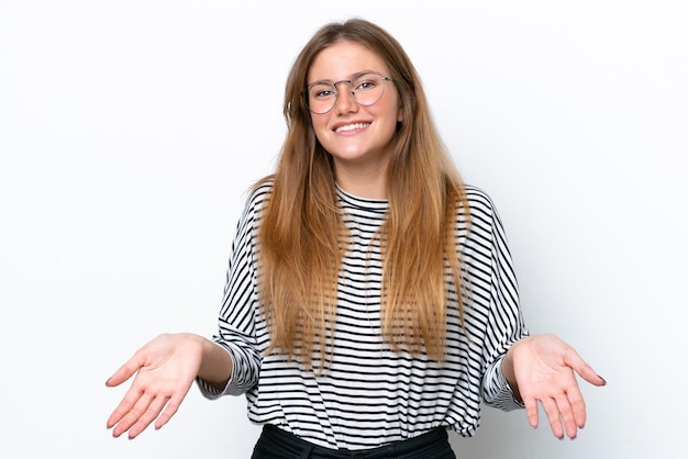 Young caucasian woman isolated on white background happy and smiling