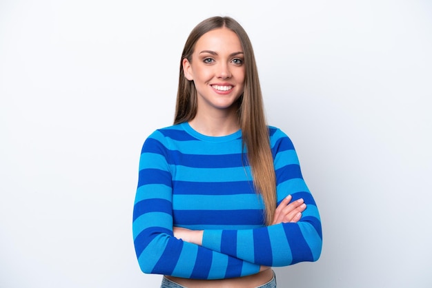 Young caucasian woman isolated on white background keeping the arms crossed in frontal position