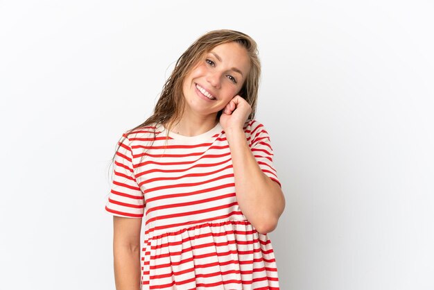 Young caucasian woman isolated on white background laughing