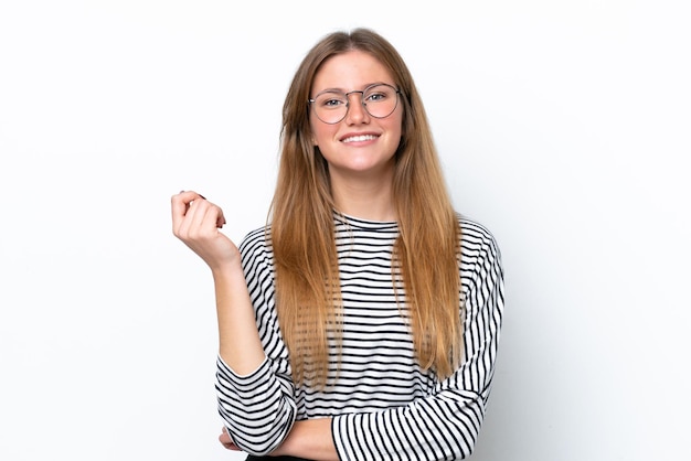 Young caucasian woman isolated on white background laughing