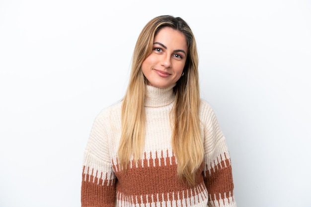 Young caucasian woman isolated on white background laughing