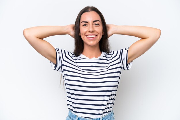 Young caucasian woman isolated on white background laughing