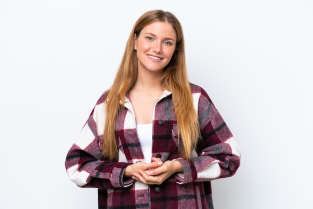 Young caucasian woman isolated on white background laughing