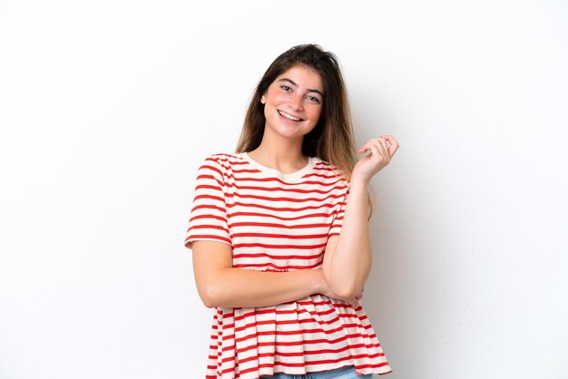 Young caucasian woman isolated on white background laughing