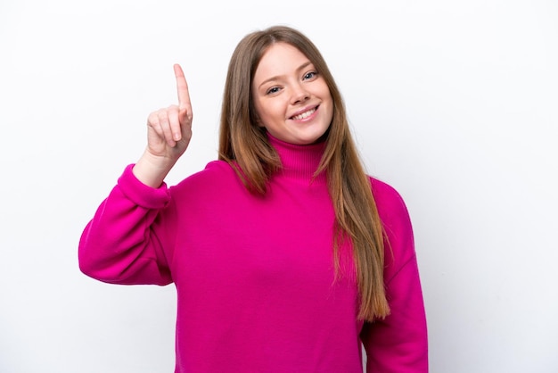 Young caucasian woman isolated on white background pointing up a great idea