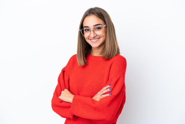 Young caucasian woman isolated on white background With glasses with happy expression