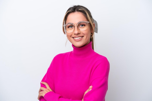 Young caucasian woman isolated on white background With glasses with happy expression