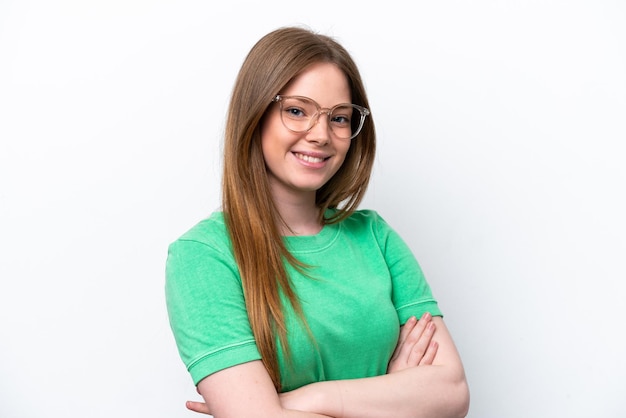 Young caucasian woman isolated on white background With glasses with happy expression